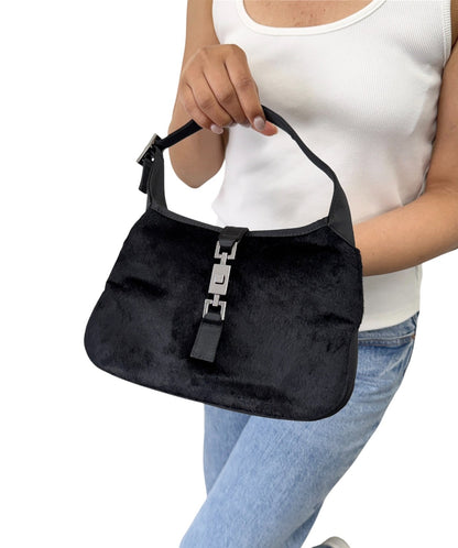 GUCCI Vintage Logo Jackie Mini Velour Shoulder Bag Handbag Black 901853