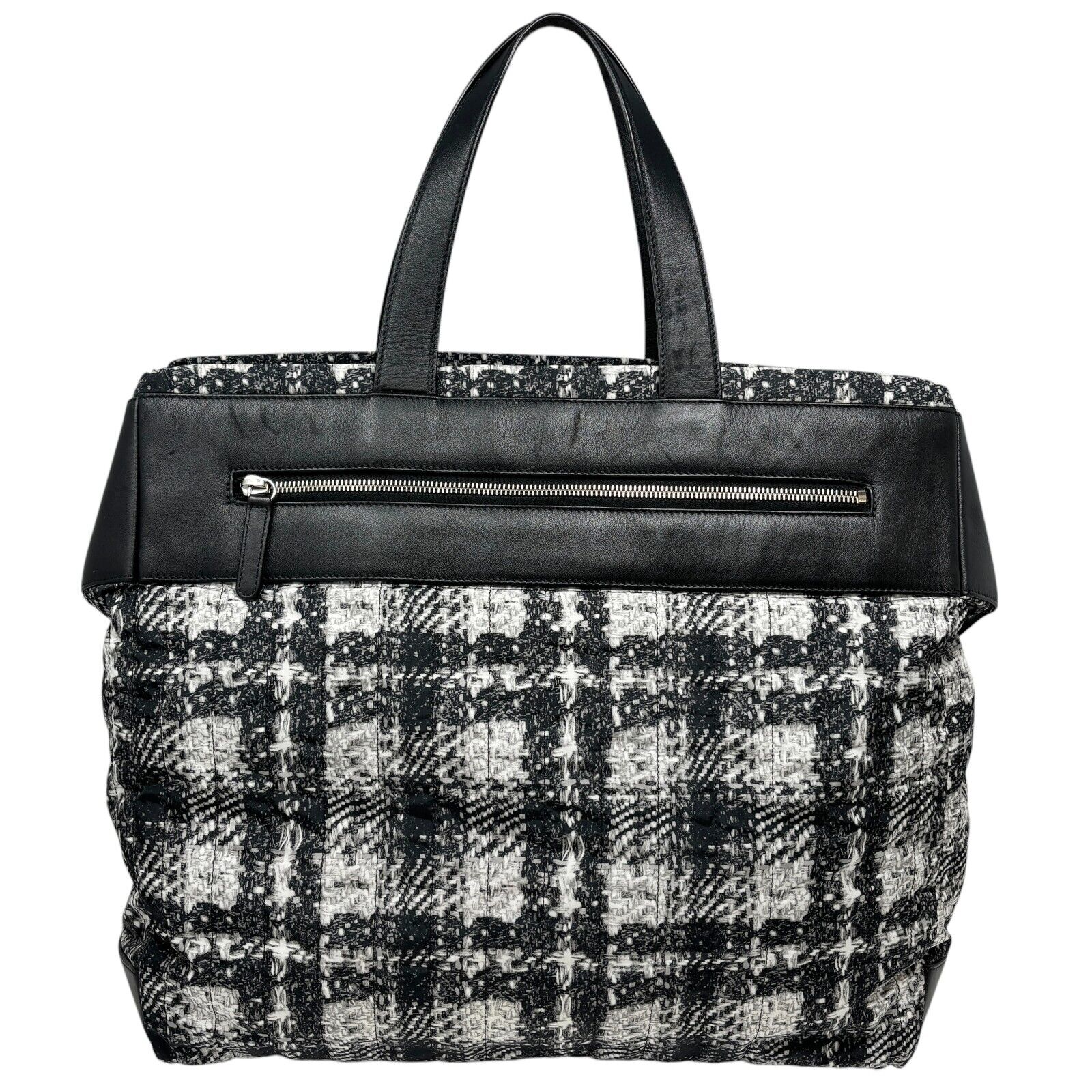 CHANEL Vintage 2013 CC Logo Tweed Print Tote Bag Black Silver Nylon Leather