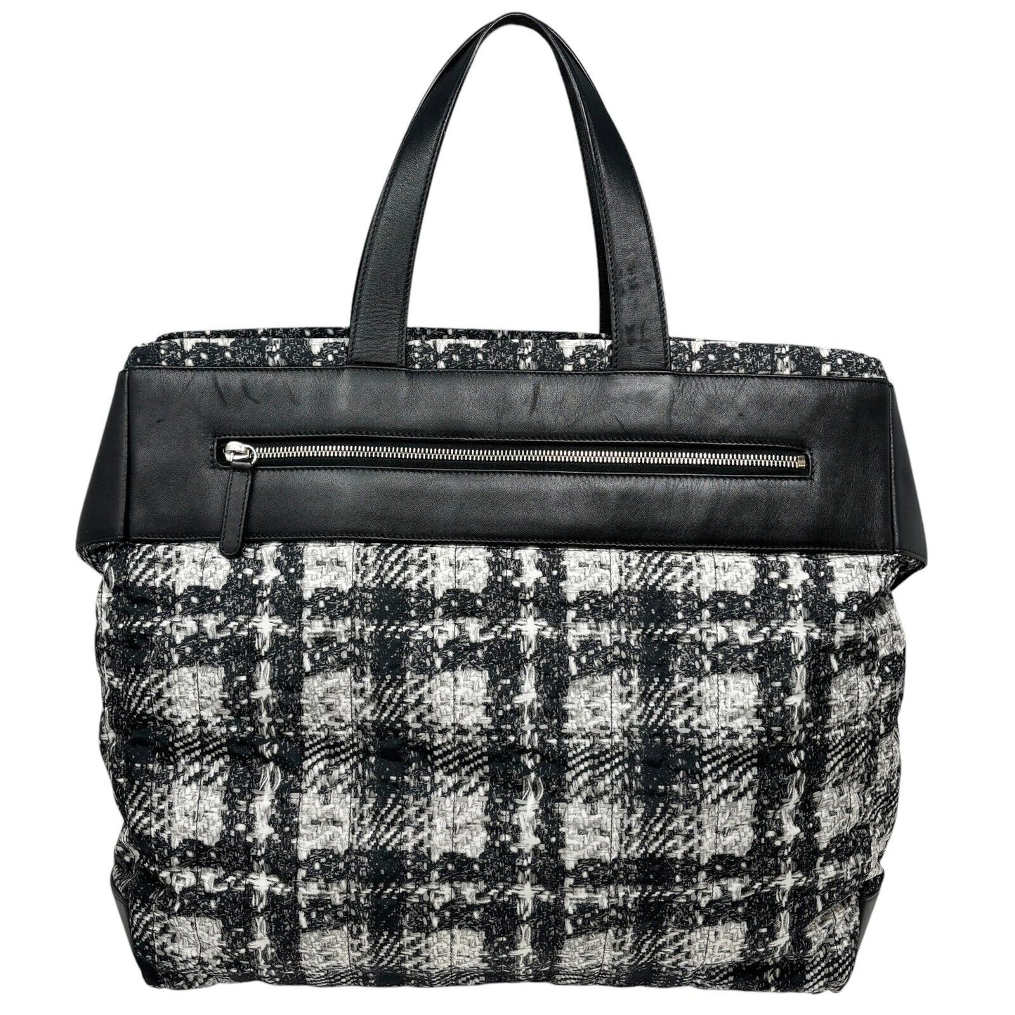 CHANEL Vintage 2013 CC Logo Tweed Print Tote Bag Black Silver Nylon Leather