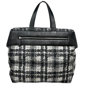 CHANEL Vintage 2013 CC Logo Tweed Print Tote Bag Black Silver Nylon Leather