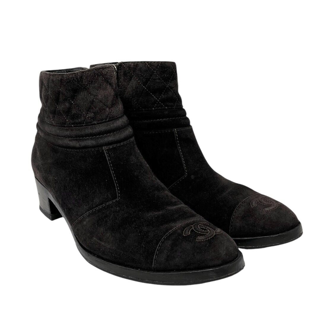 CHANEL Vintage CC Mark Logo Short Boots #38-38.5 Brown Suede Stitch Zip