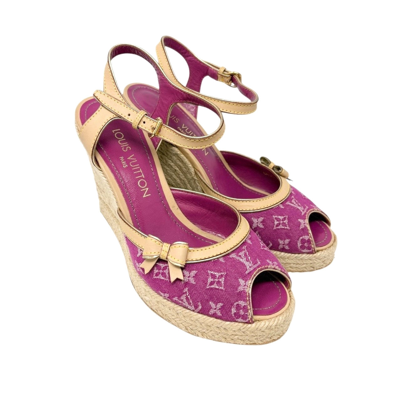 LOUIS VUITTON Vintage LV Logo Monogram Sandals #37.5 Pink Beige Canvas