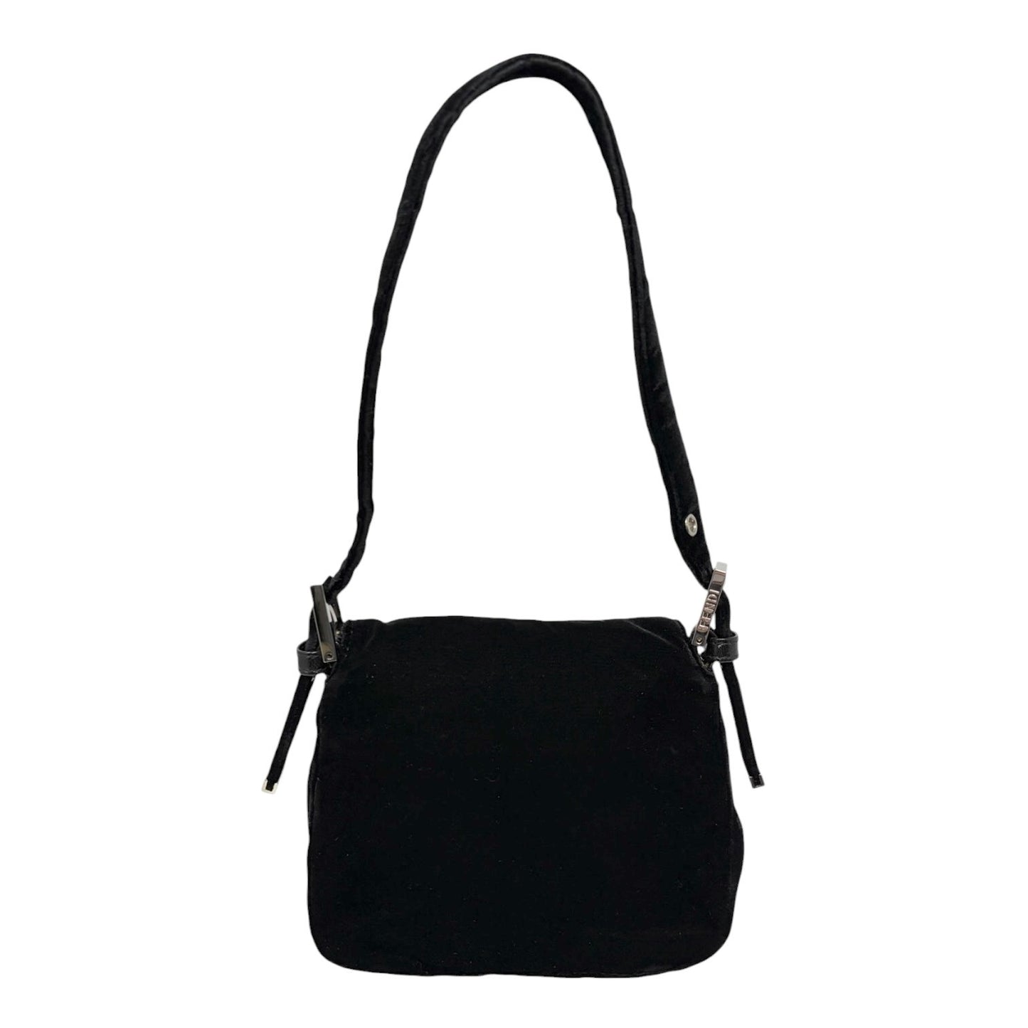 FENDI Vintage FF Logo Mamma Baguette Shoulder Bag Black Silver Velour 902207