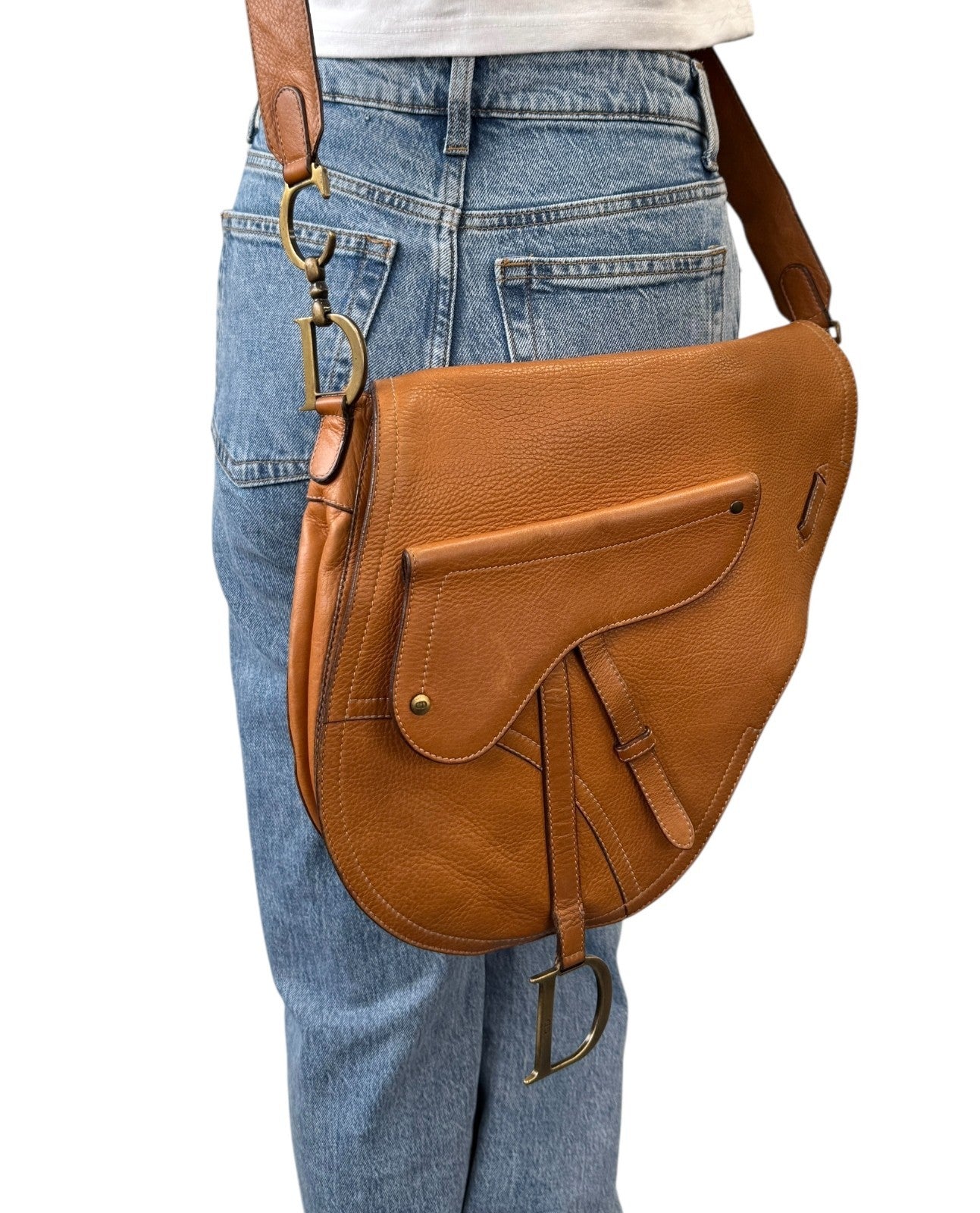 Christian Dior Vintage 2002 Baudrier Saddle Shoulder Bag Camel Leather 901812