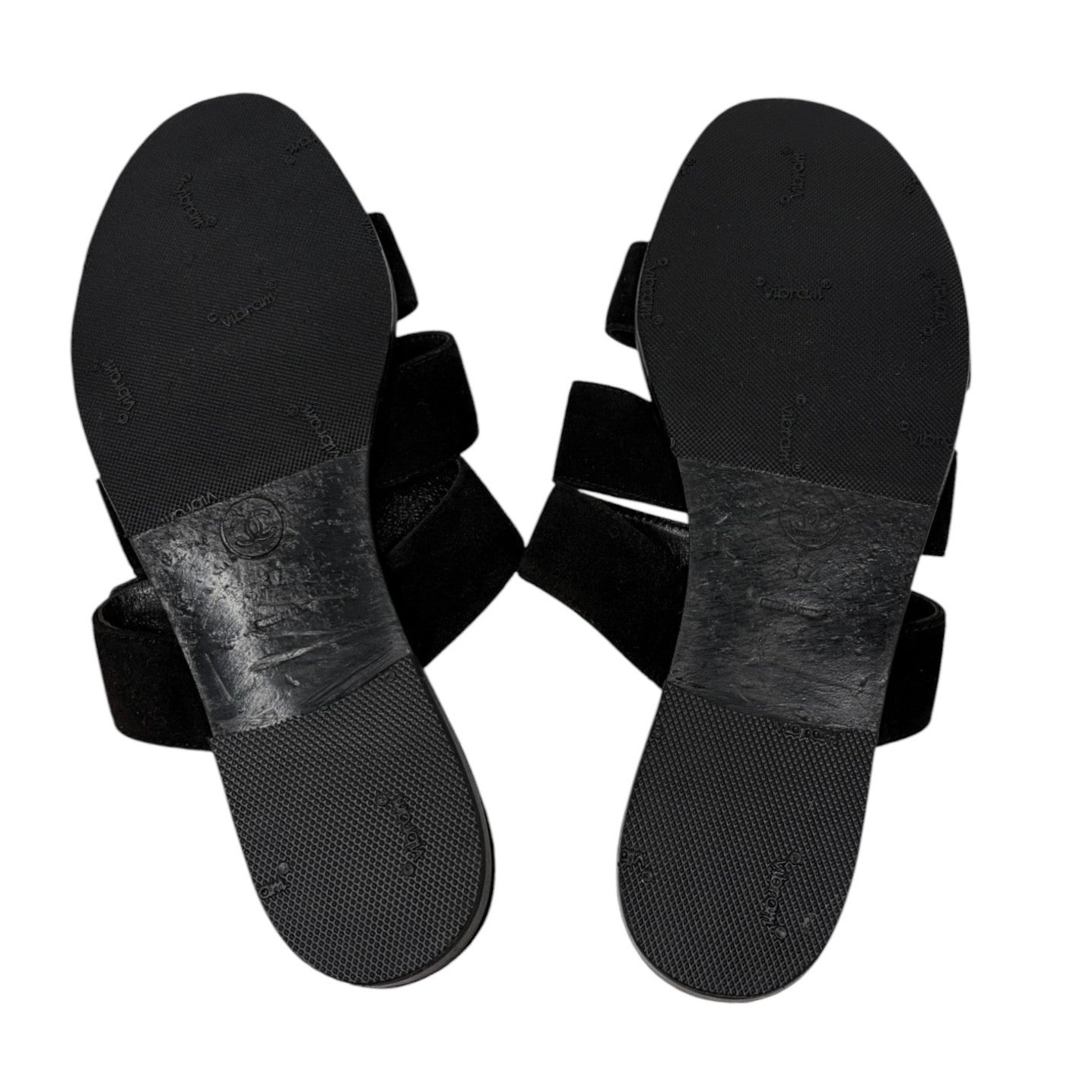 CHANEL Vintage CC Turnlock Flat Slide Sandals #37 Black Gold  Suede 902296