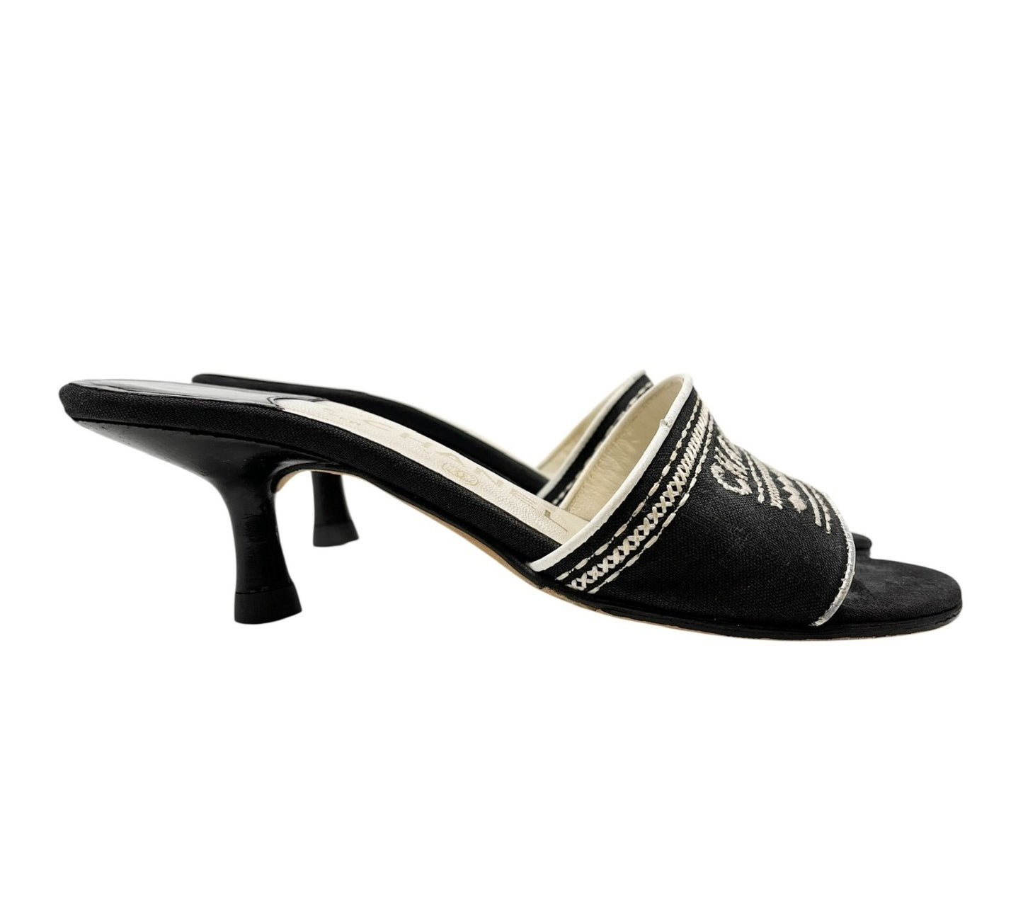 CHANEL Vintage CC Mark Logo Sandals Heels #36 Stitch Black White Cotton Leather