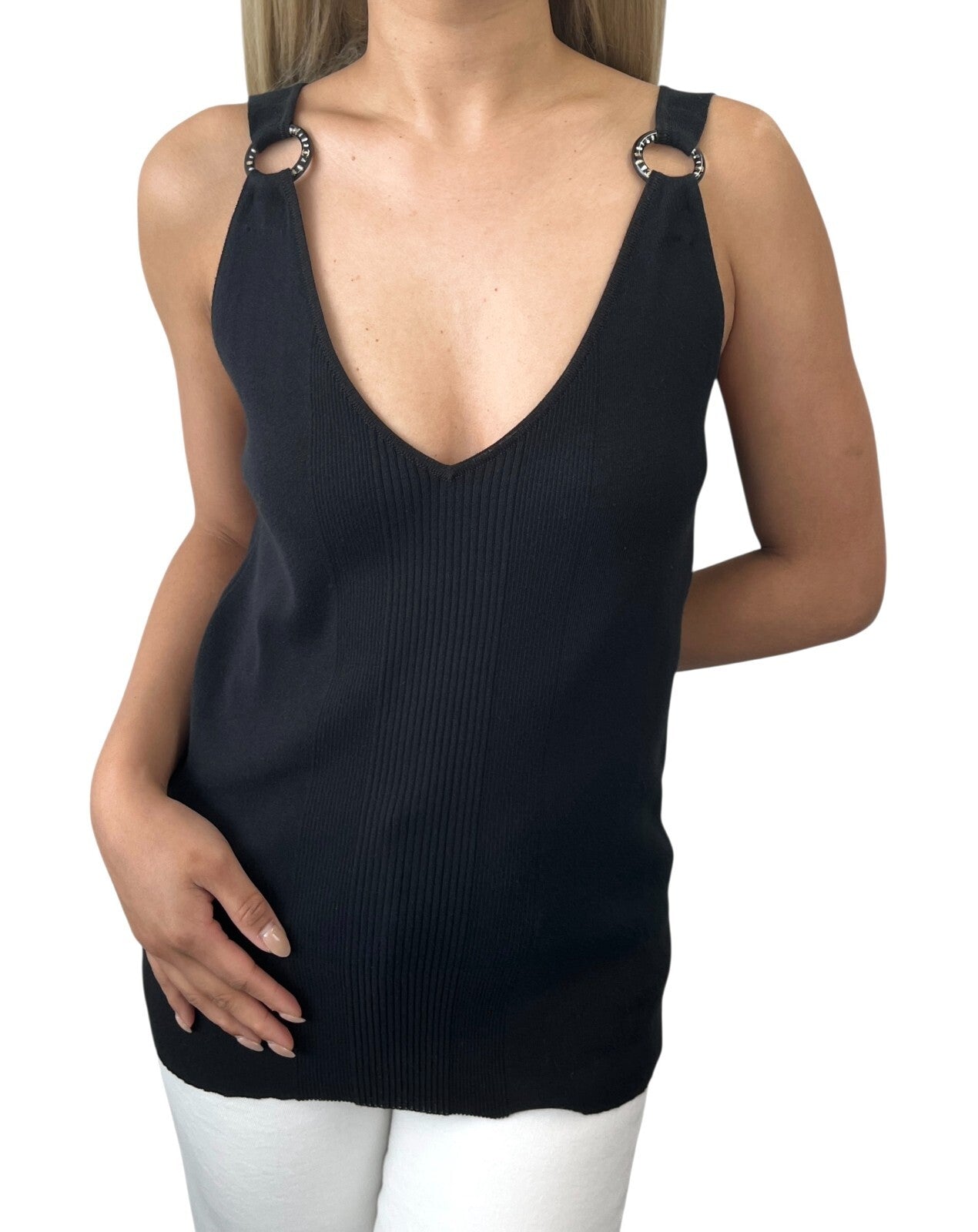 CHANEL Vintage 07P CC Mark Logo Rib Knit Tank Top #42 V-neck Black Cotton