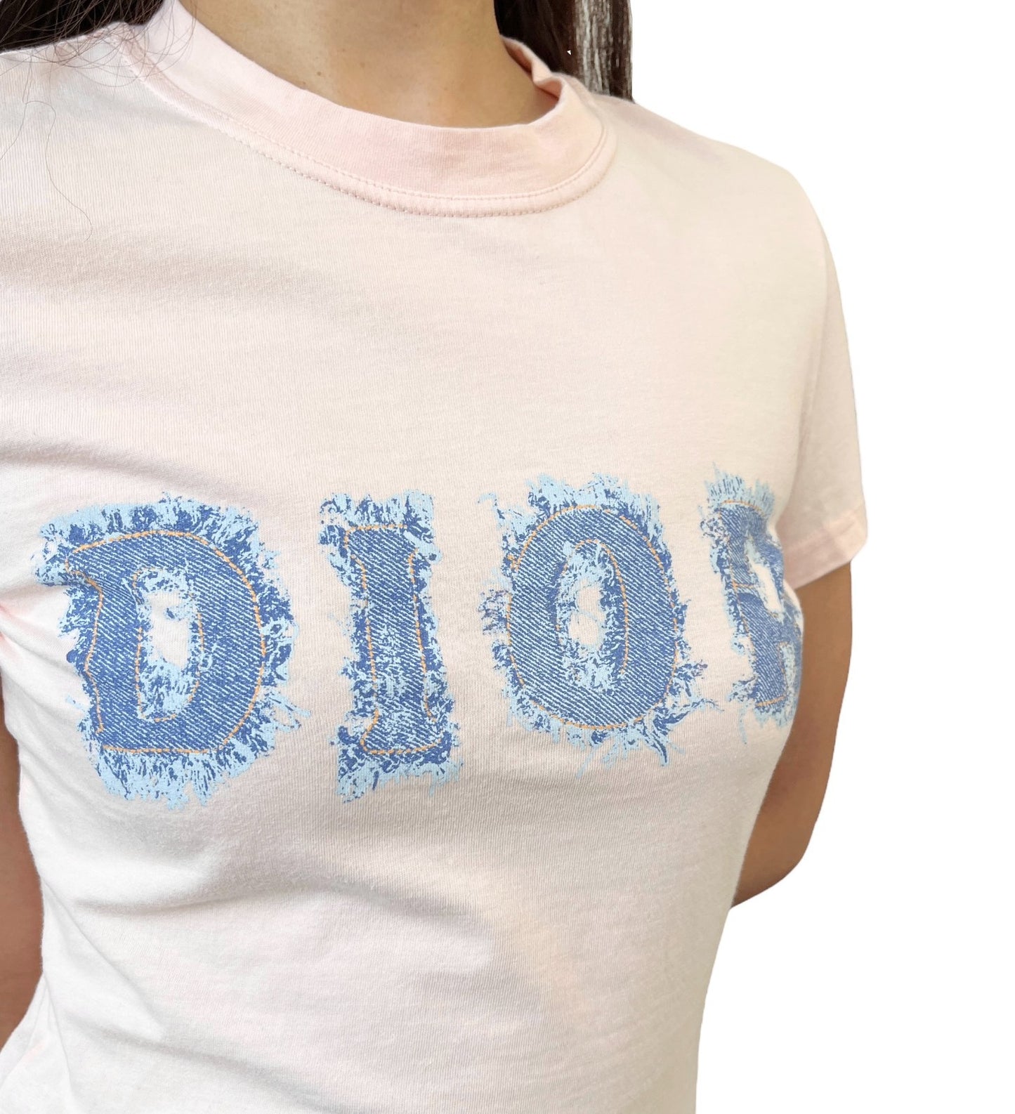 Christian Dior Vintage 2003 Denim Print Logo T-shirt Top #38 Pink Blue 902583