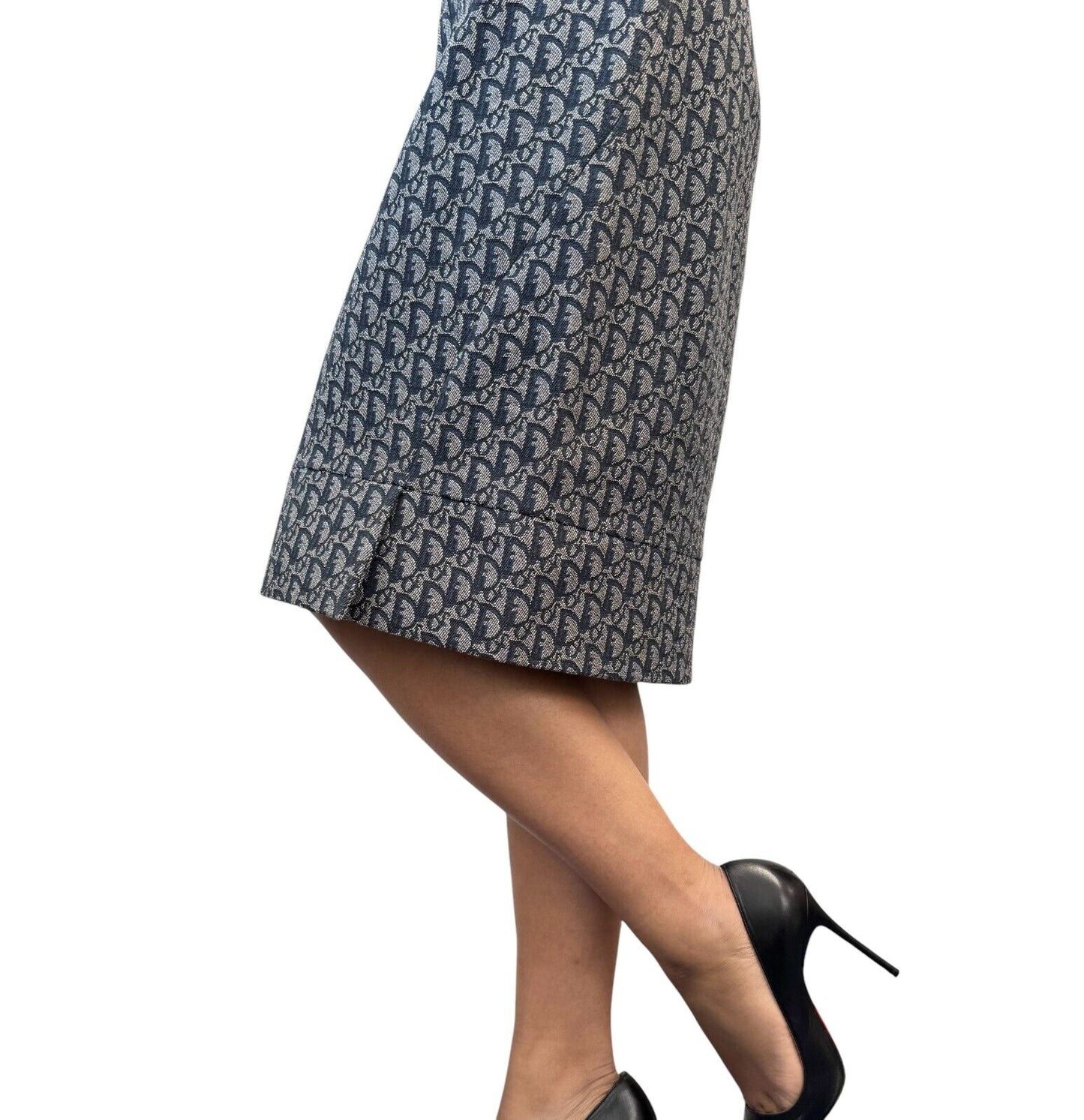 Christian Dior Vintage 2000 Trotter Monogram Logo Dress #38 Blue Gray Cotton