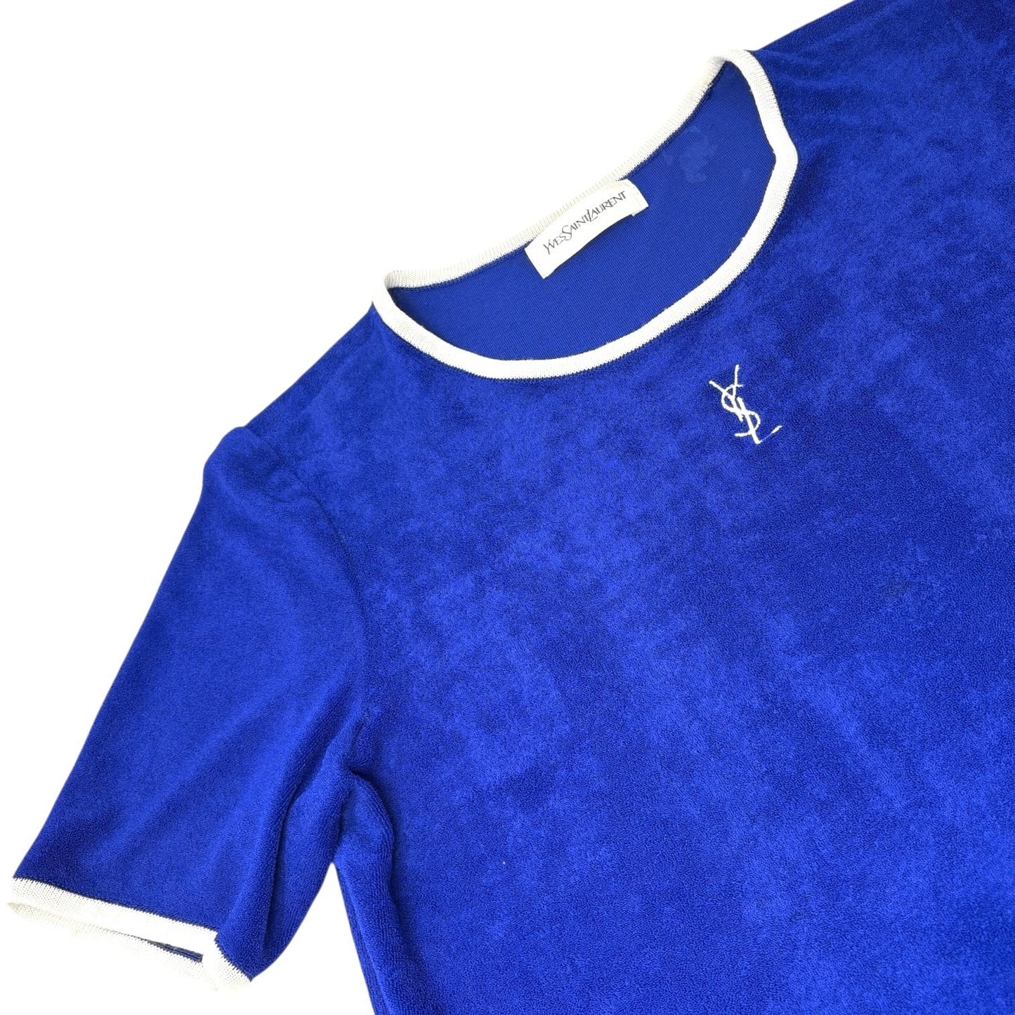 Yves Saint Laurent Vintage YSL Logo Terry Cloth T-shirt Top #M Blue White Rayon