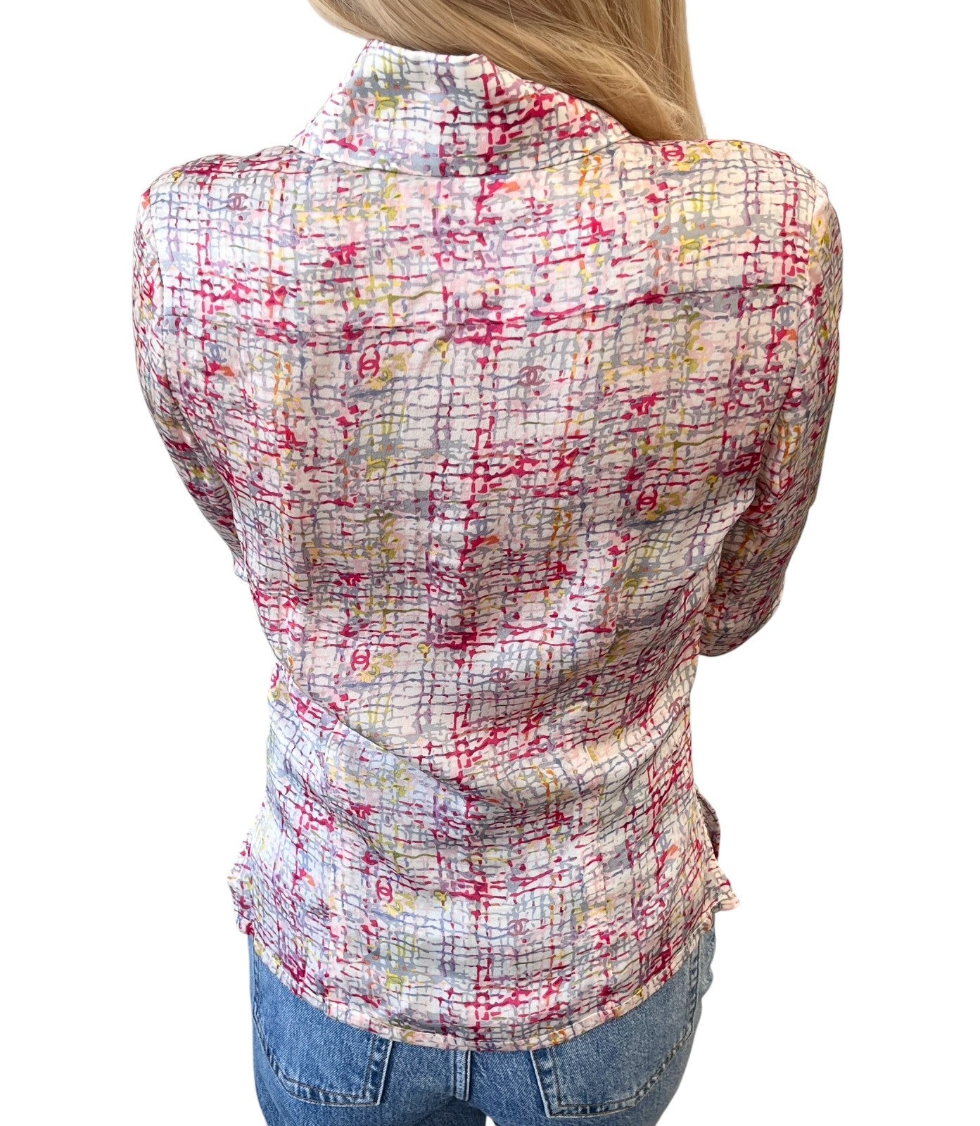 CHANEL Vintage 05C CC Tweed Print Shirt Blouse Top #34 Multicolor Silk 901994