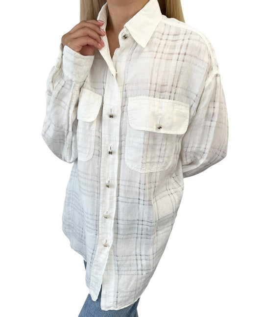 CHANEL Vintage CC Logo Checked Button Up Shirt #38 White Cotton Pocket 902289