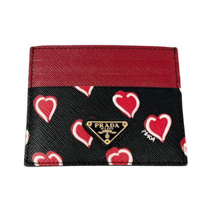 PRADA Vintage Triangle Logo Heart Wallet Card Holder Black Red Leather 902284