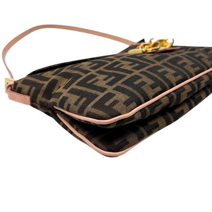 FENDI Vintage FF Mamma Baguette Flower Shoulder Bag Brown Salmon Pink 902468