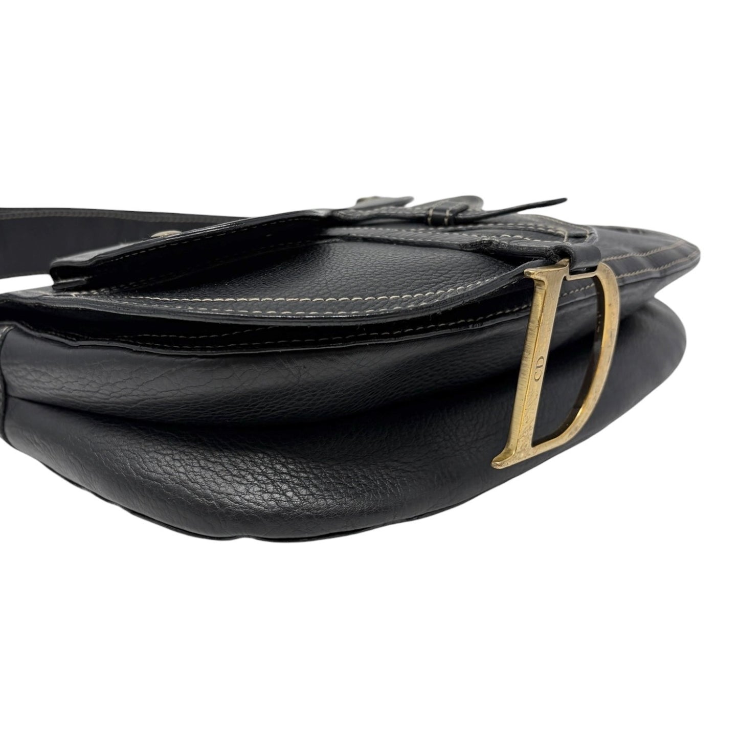 Christian Dior Vintage 2002 Double Saddle Leather Shoulder Bag Black Stitch