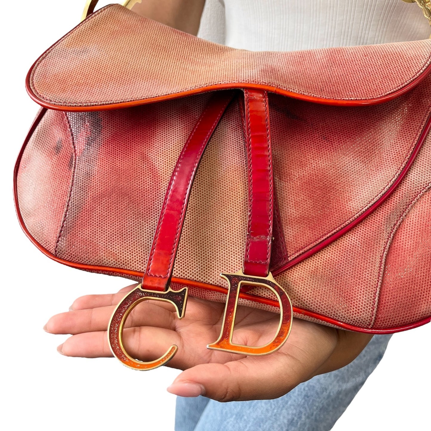 Christian Dior Vintage 2000 Double Saddle Shoulder Bag Red Gold Coated Suede