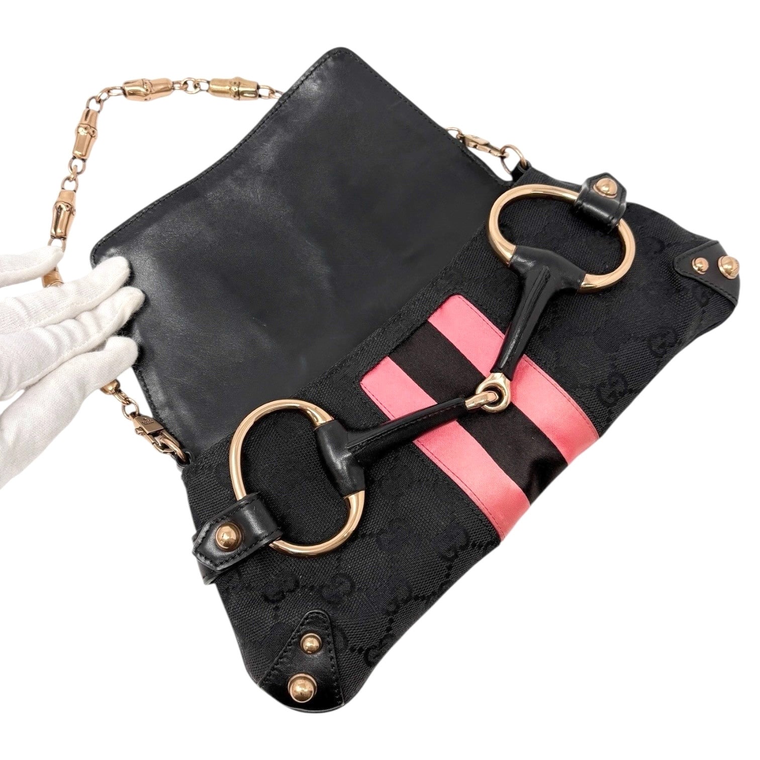 GUCCI Vintage GG Logo Monogram Horsebit Shoulder Clutch Bag Chain Black Pink