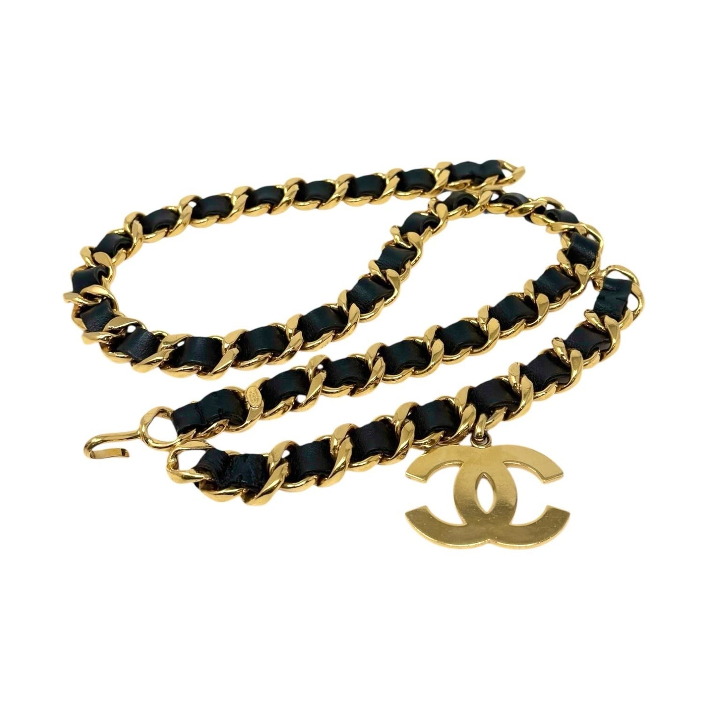 CHANEL Vintage 93A Jumbo CC Logo Metal Gold Chain Belt Leather Accessory Iconic