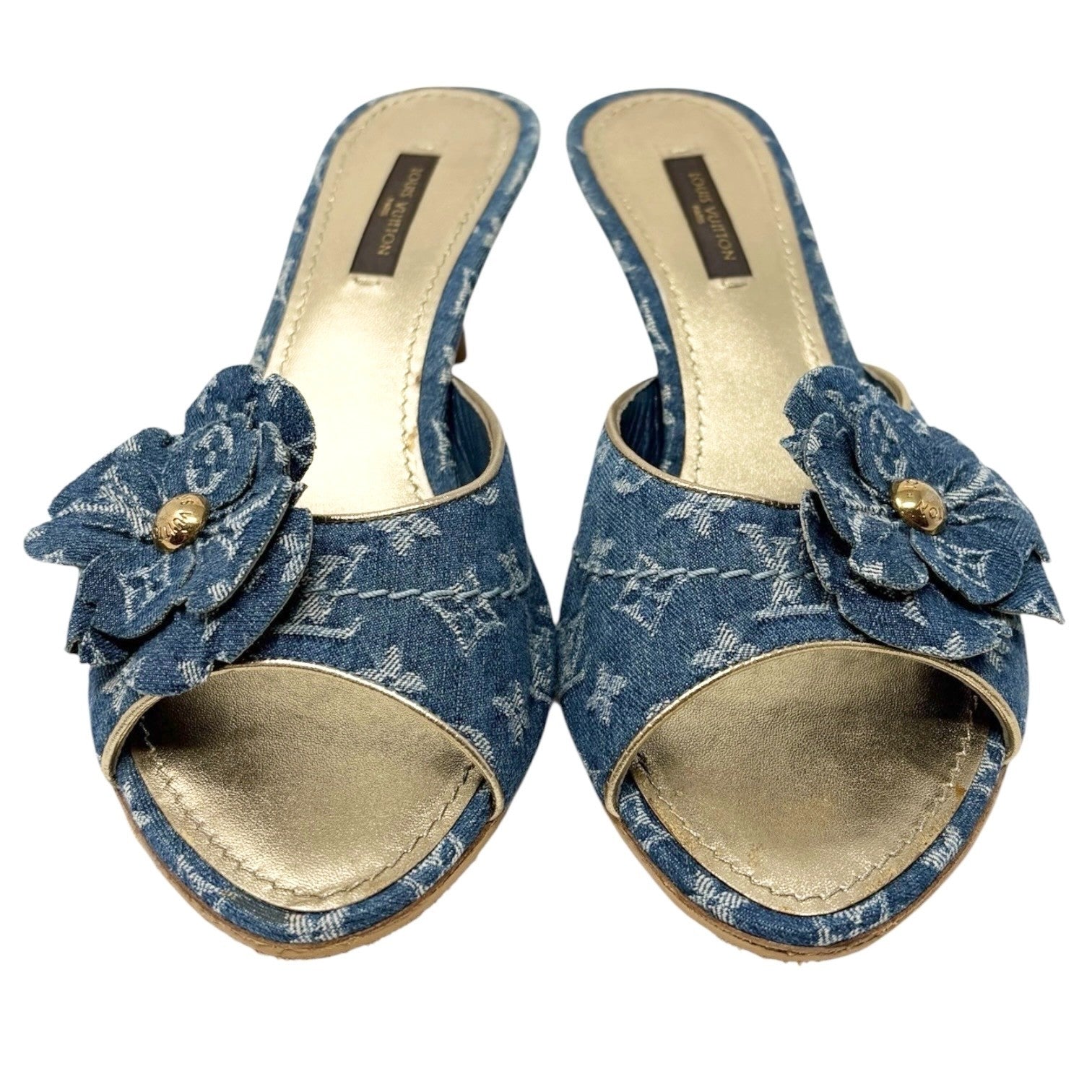 LOUIS VUITTON Vintage Monogram Denim Heels Sandals #36.5 Blue Gold Corsage