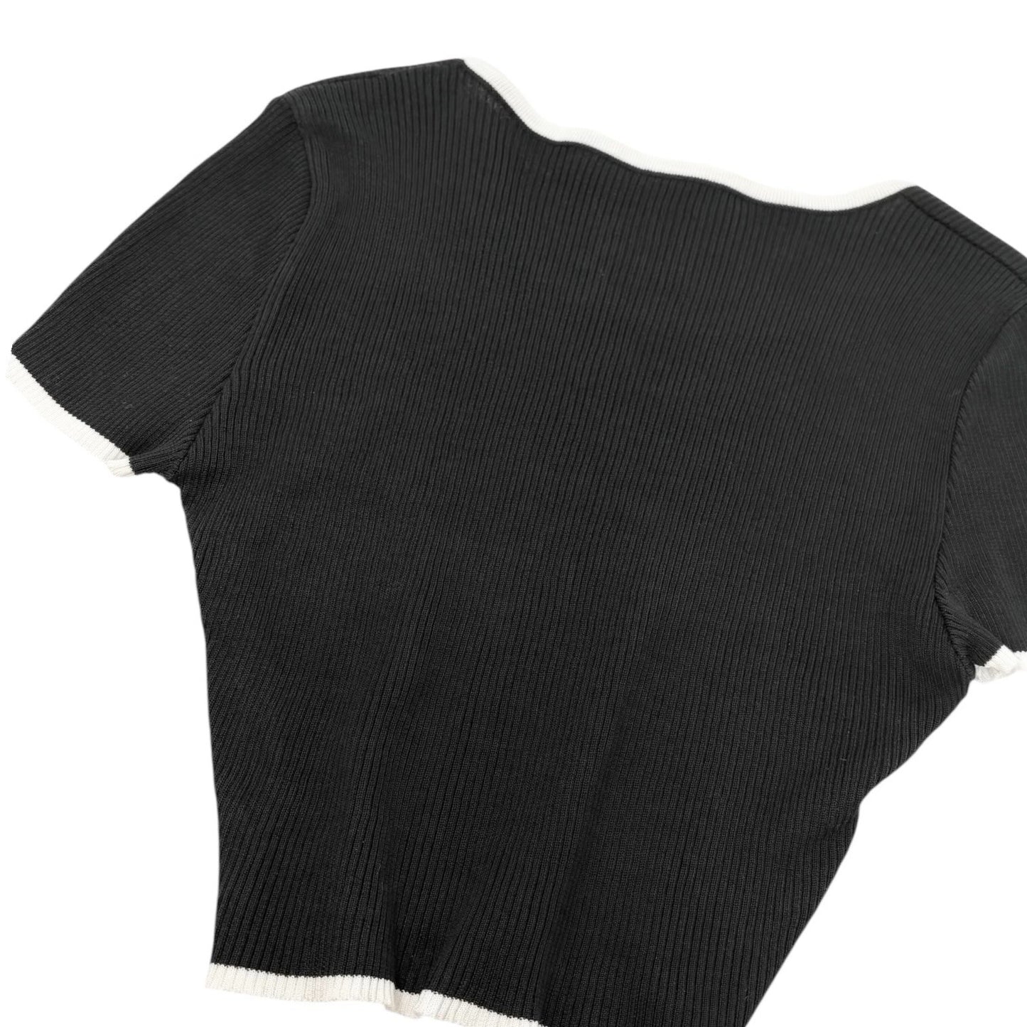 CHANEL Vintage 95P CC Logo Cropped Ribbed T-shirt #36 Black White Cotton