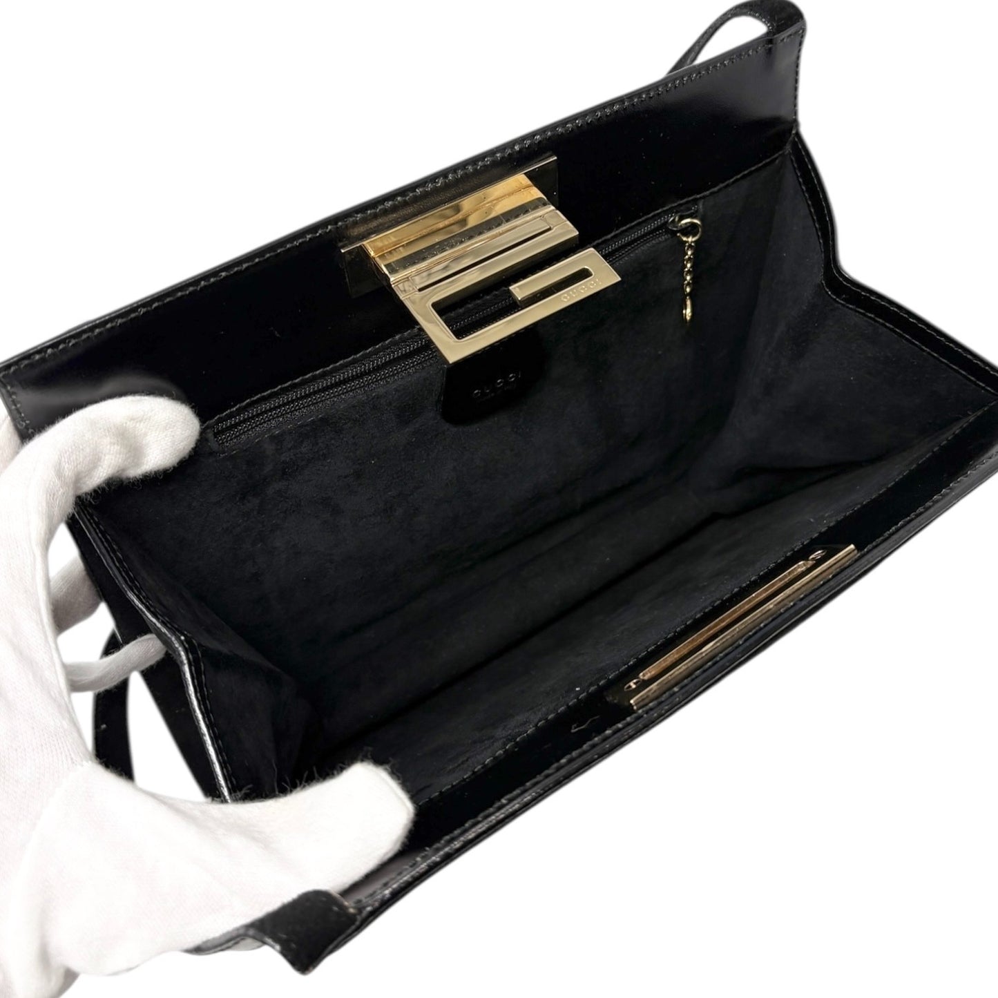 GUCCI Vintage G Square Logo Shoulder Bag Handbag Black Gold Suede Leather