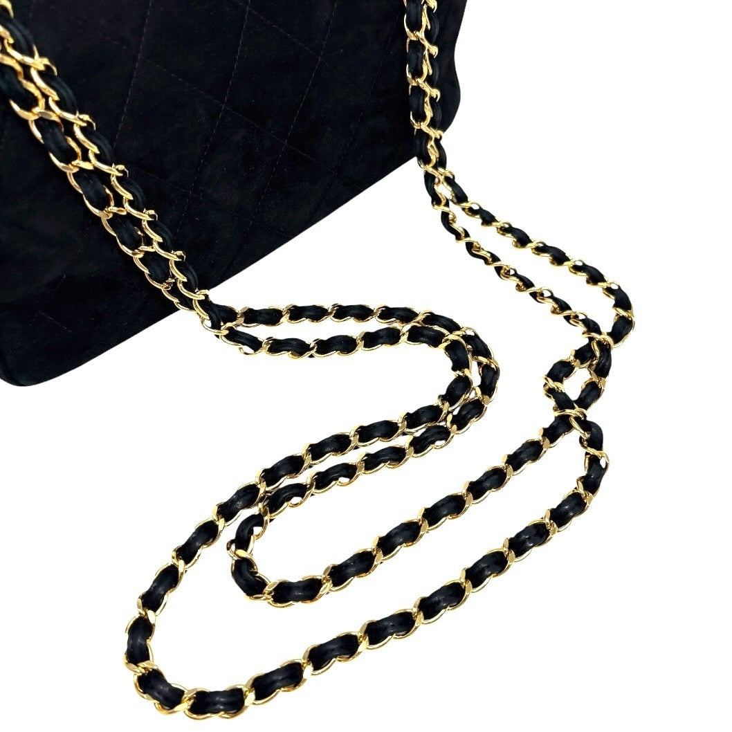 CHANEL Vintage CC Logo Quilted Chain Shoulder Bag Black Gold Suede 901890