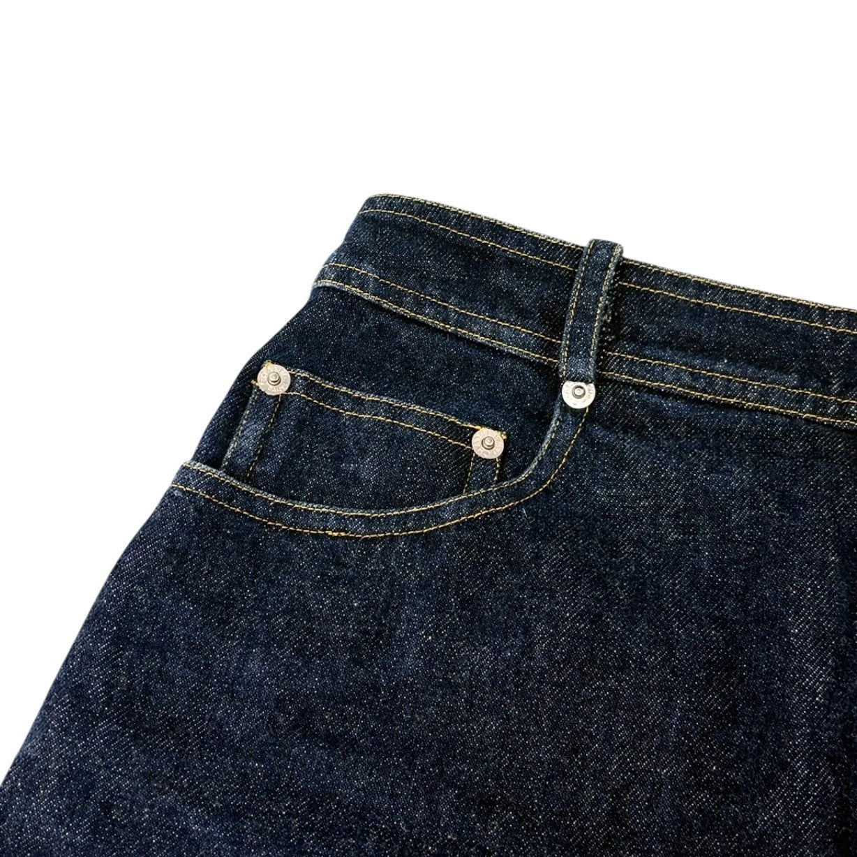CHANEL Vintage 96P CC Mark Logo Denim Skirt #36 Dark Blue Yellow Cotton