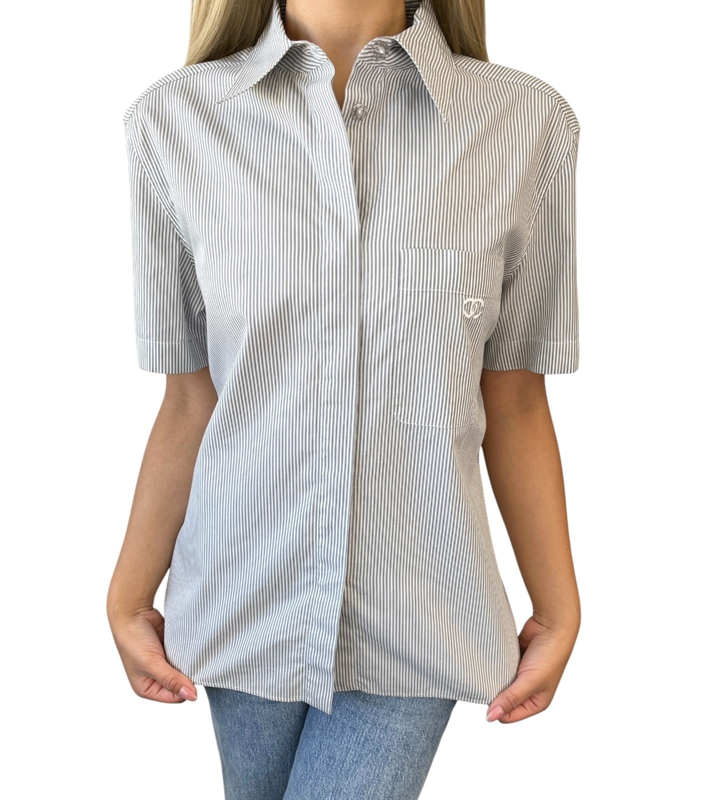 CHANEL Vintage 99P CC Logo Short Sleeve Shirt #40 Stripe Blouse Top Gray Pocket