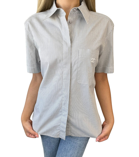 CHANEL Vintage 99P CC Logo Short Sleeve Shirt #40 Stripe Blouse Top Gray Pocket