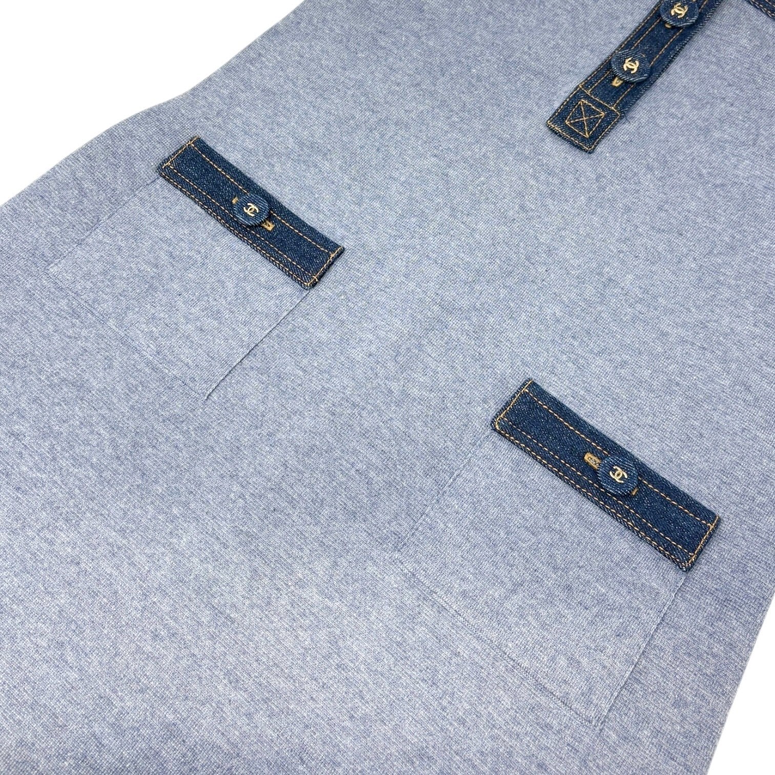 CHANEL Vintage 07P CC Mark Logo Sleeveless Dress #34 Denim Blue Cotton Silk