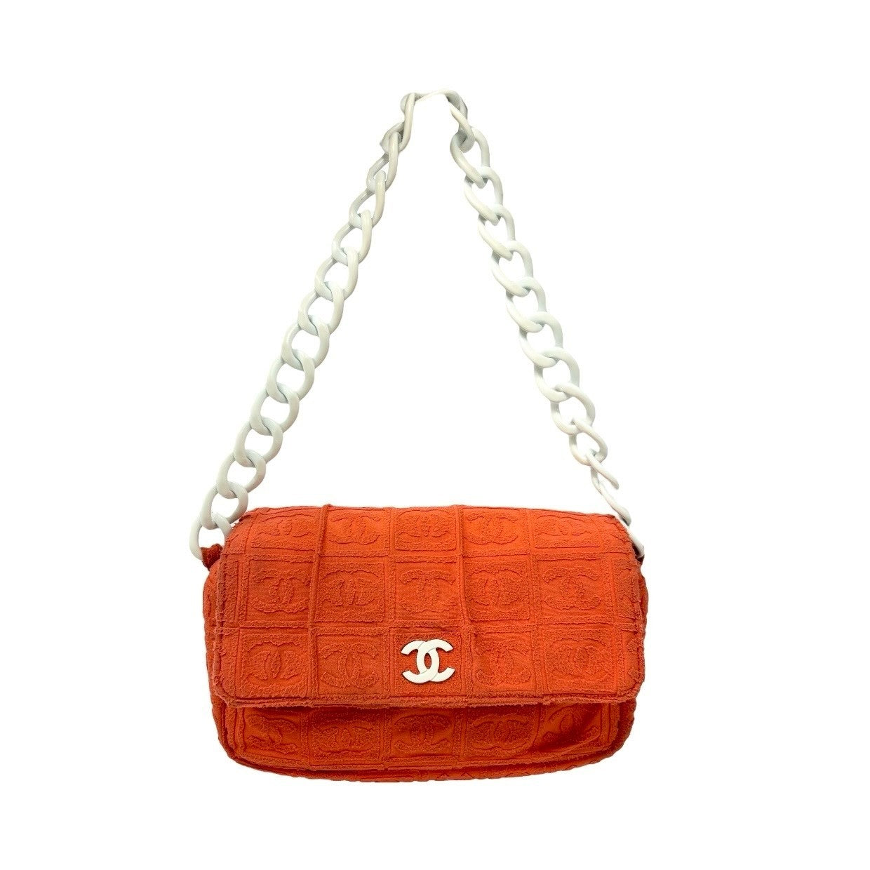 CHANEL Vintage 02S CC Logo Chain Shoulder Bag Handbag Terry Cloth Orange White