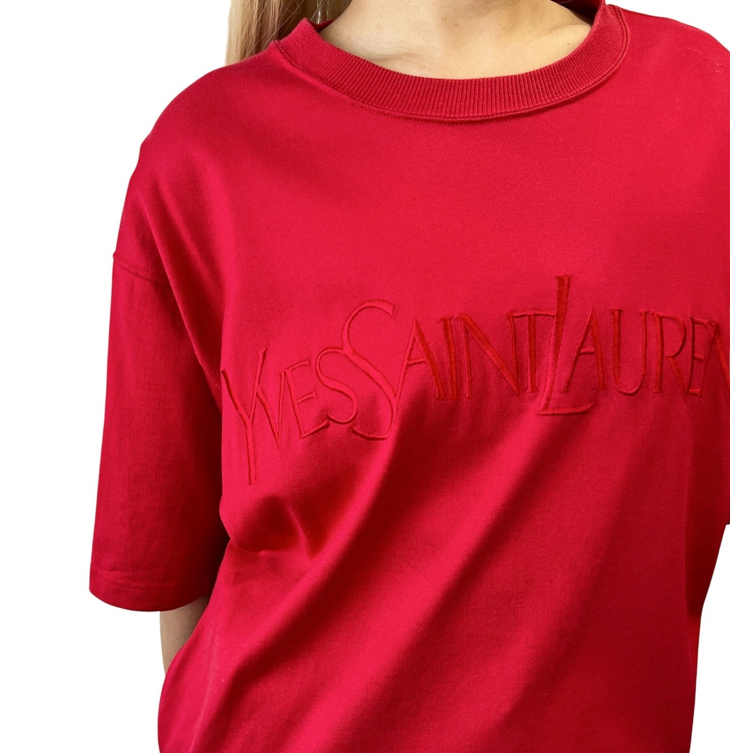 Yves Saint Laurent Vintage Logo Short Sleeve Sweatshirt Top Red 902215