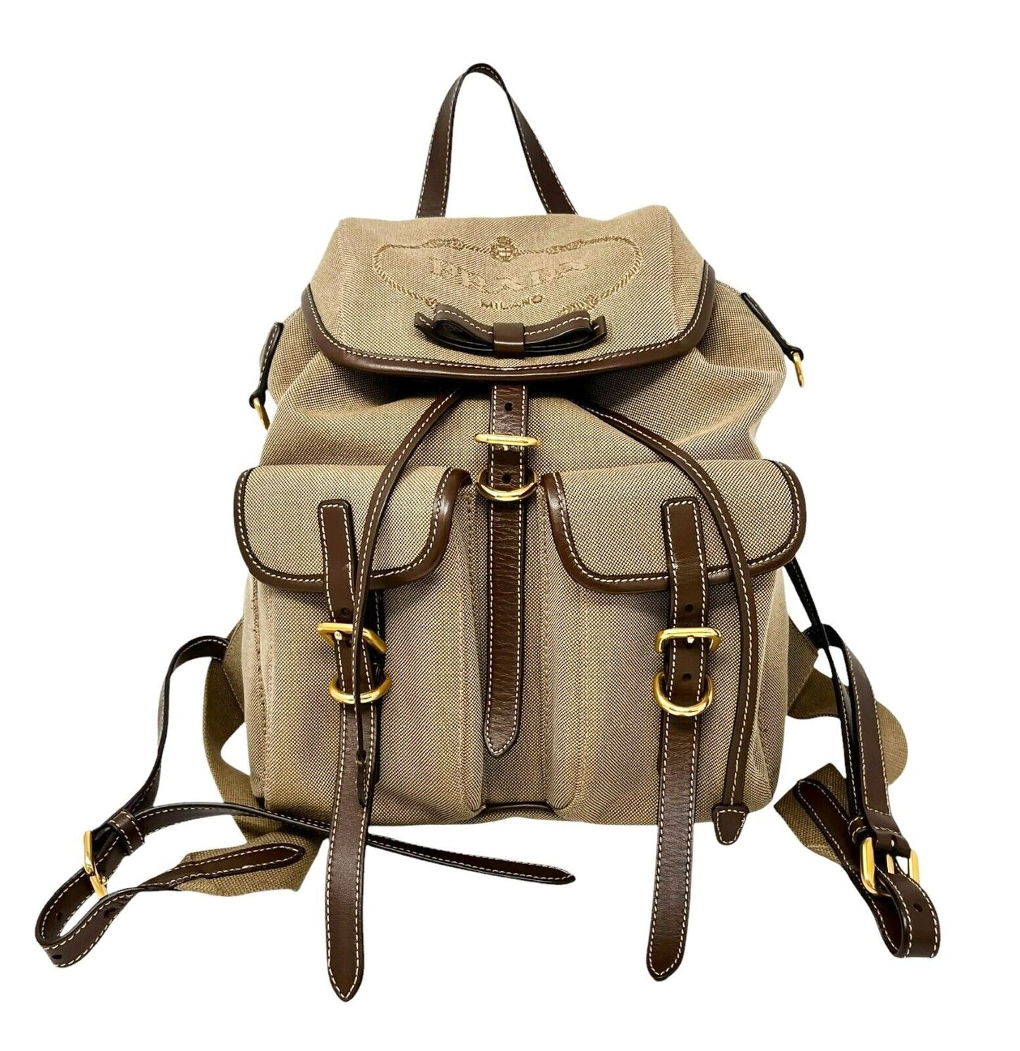 PRADA Vintage Logo Jacquard Backpack Brown Gold Canvas Leather Magnetic Zip