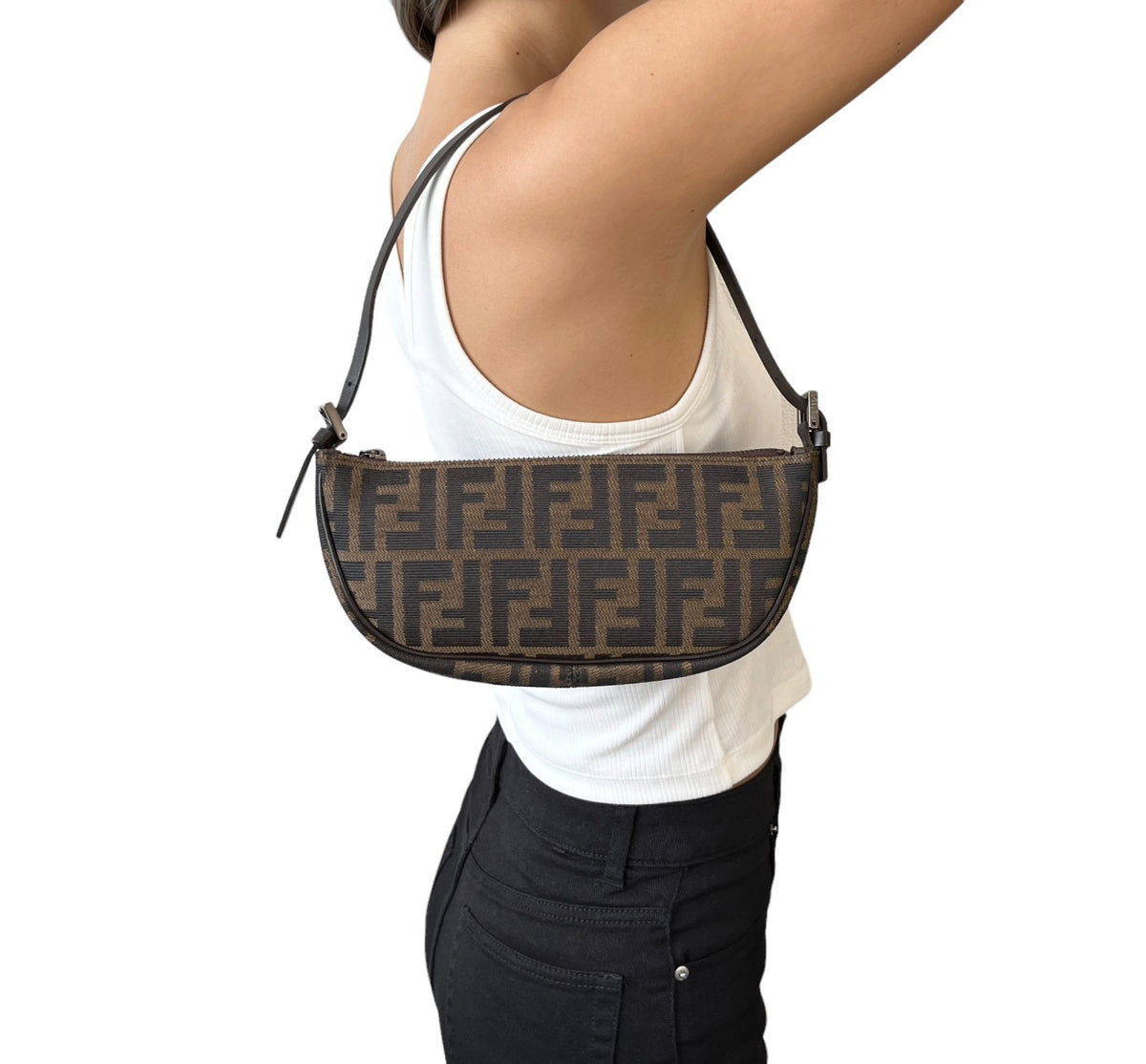 FENDI Vintage Zucca FF Logo Pochette Shoulder Bag Brown Half Moon Zip 902816