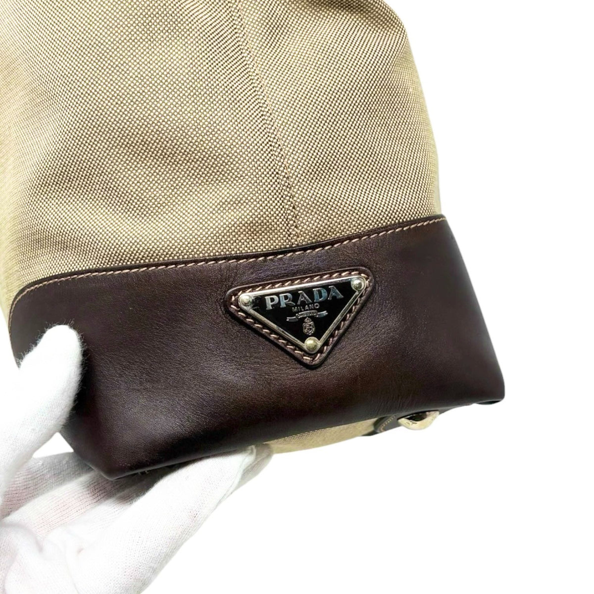 PRADA Vintage Jacquard Logo Tote Bag Brown Silver Canvas Leather 902340