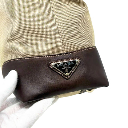 PRADA Vintage Jacquard Logo Tote Bag Brown Silver Canvas Leather 902340