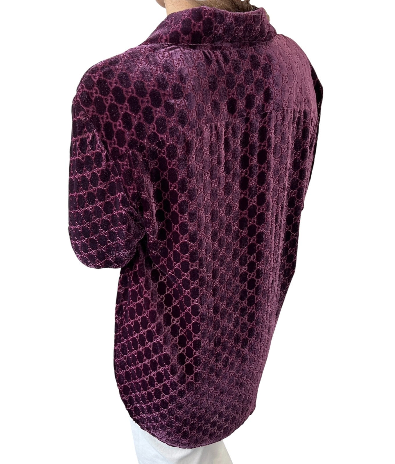 GUCCI Vintage GG Monogram Logo Velour Button Up Shirt Top Purple Silk