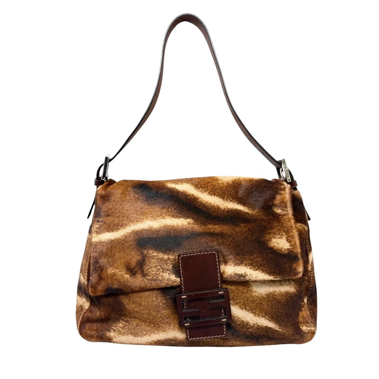 FENDI Vintage FF Logo Mamma Baguette Pony Calf Hair Shoulder Bag Brown Leather