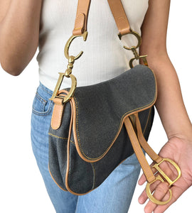 Christian Dior Vintage Double Saddle Bag Denim Dark Blue Brown Cotton Rank AB