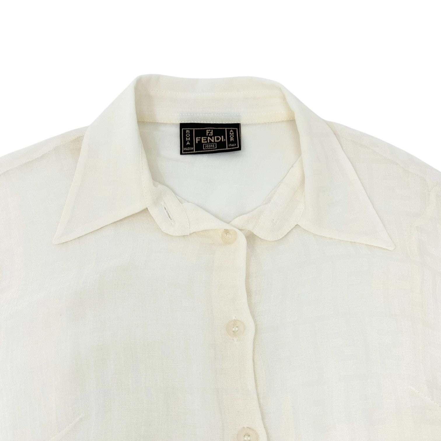 FENDI Vintage Zucca Monogram See-through Top Shirt Blouse #40 Beige White Cotton