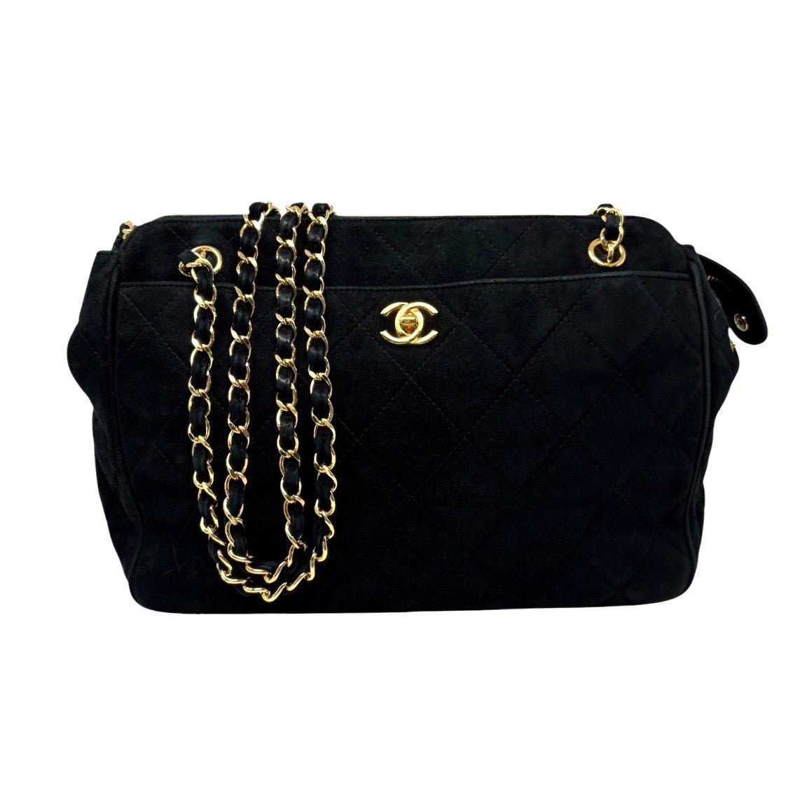 CHANEL Vintage CC Logo Quilted Chain Shoulder Bag Black Gold Suede 901890