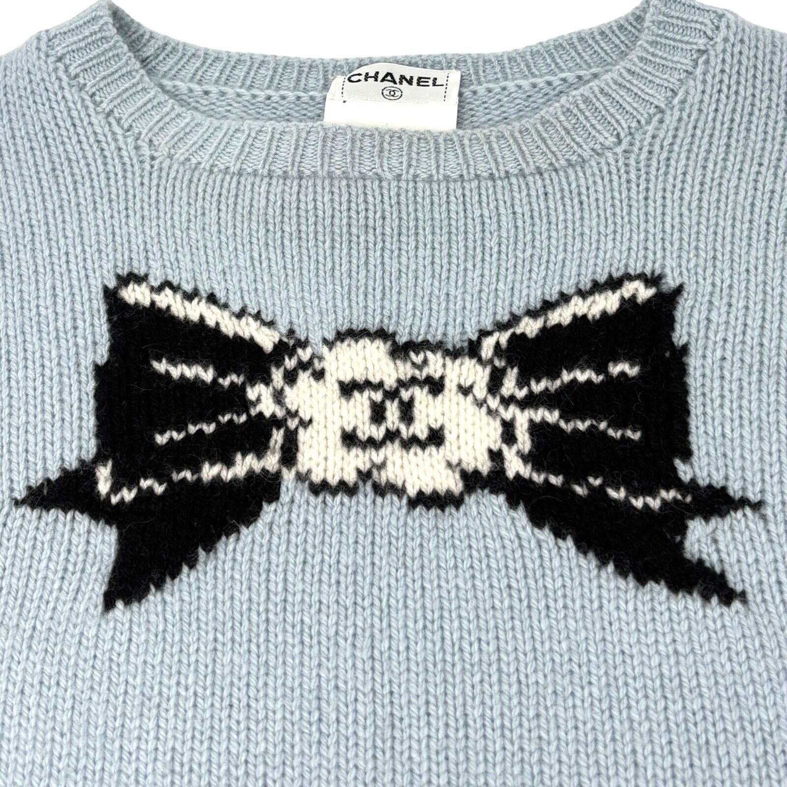 CHANEL Vintage 95A CC Ribbon Logo Sweater #38 Long Sleeve Top Blue Cashmere