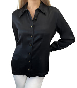 CHANEL Vintage CC Logo Silk Shirt Top Blouse Gold Button Black Silk Long Sleeve