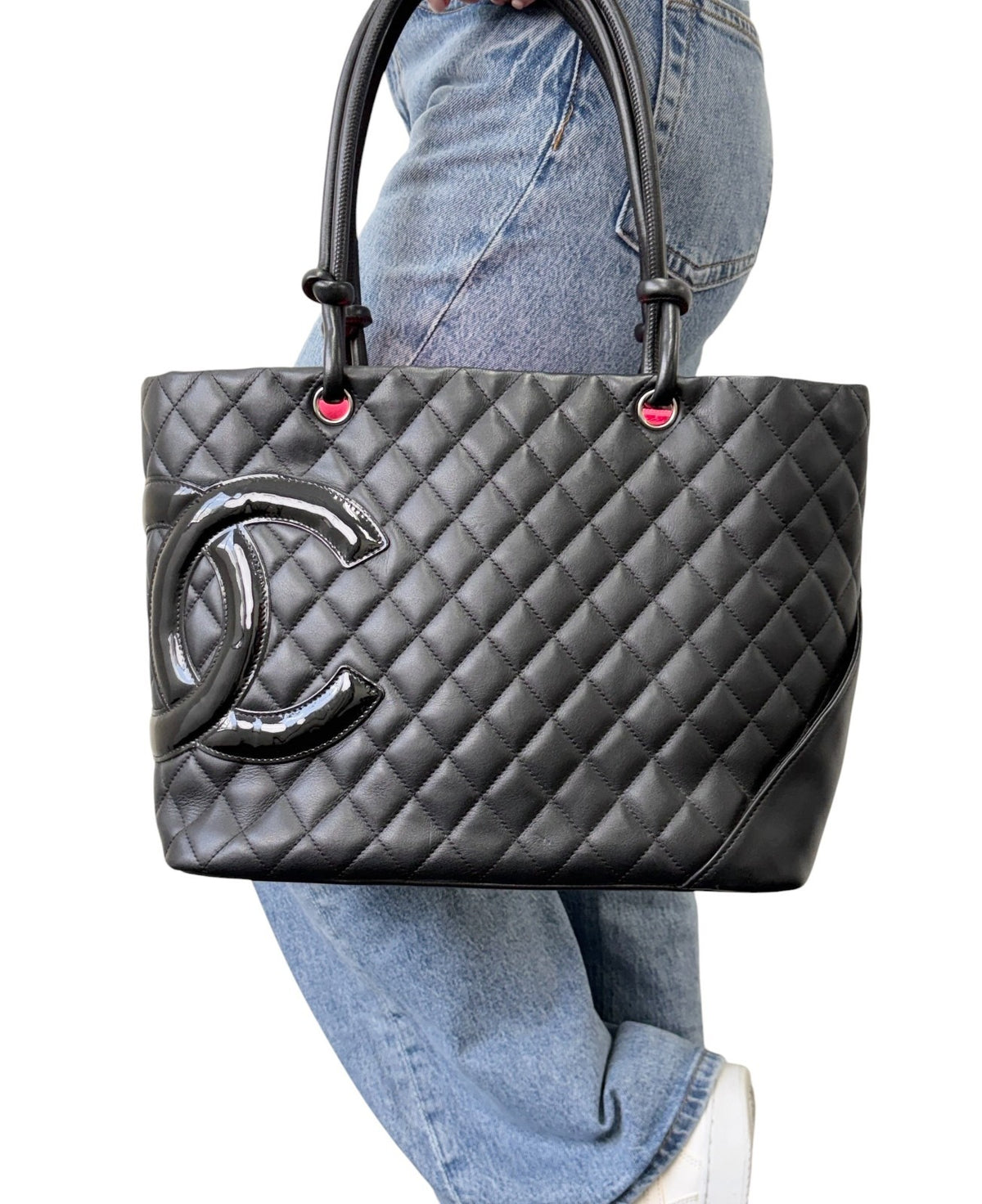 CHANEL Vintage Cambon Line CC Logo Quilted Shoulder Tote Bag Black 902456