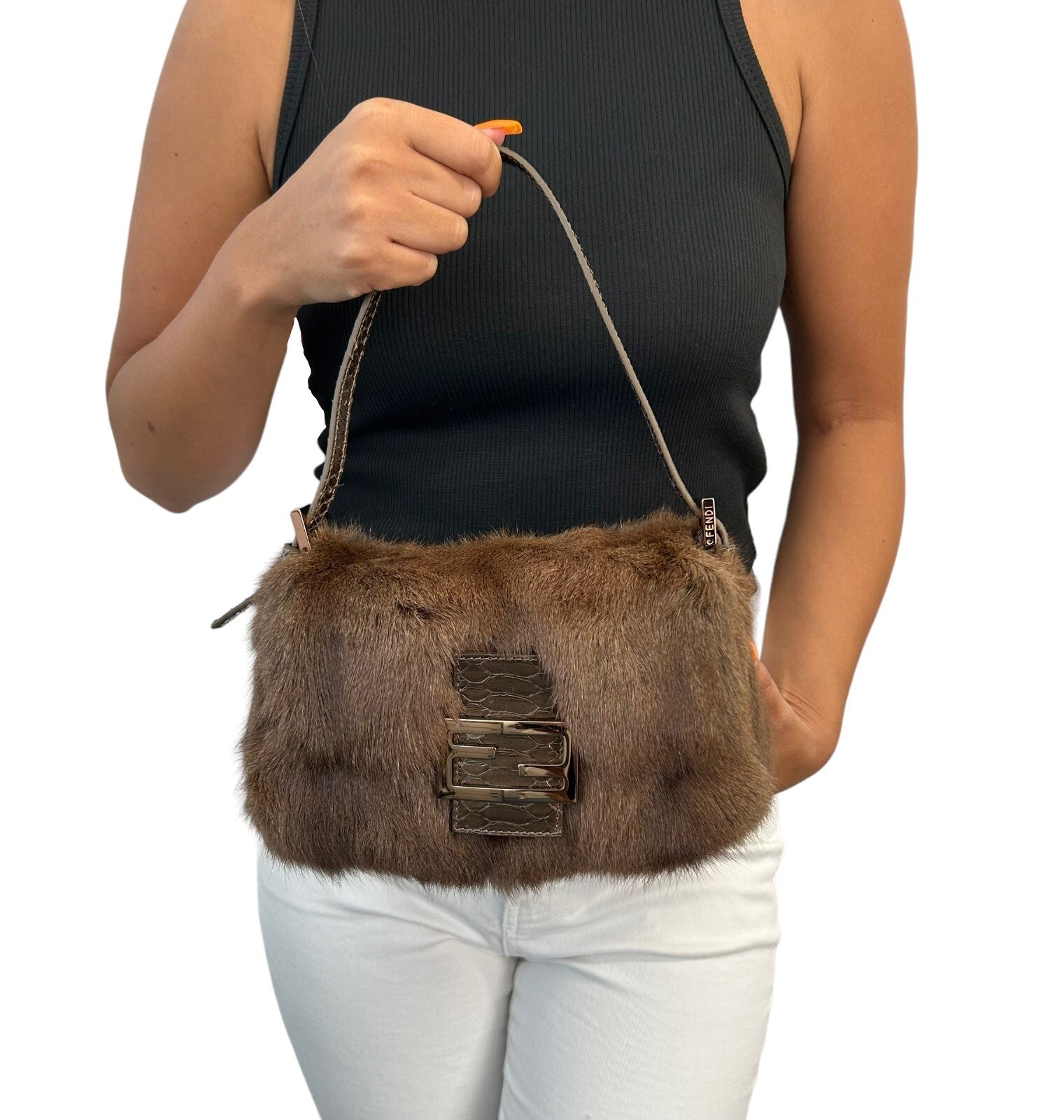 FENDI Vintage FF Logo Fur Mini Mamma Baguette Shoulder Bag Brown Gold Leather