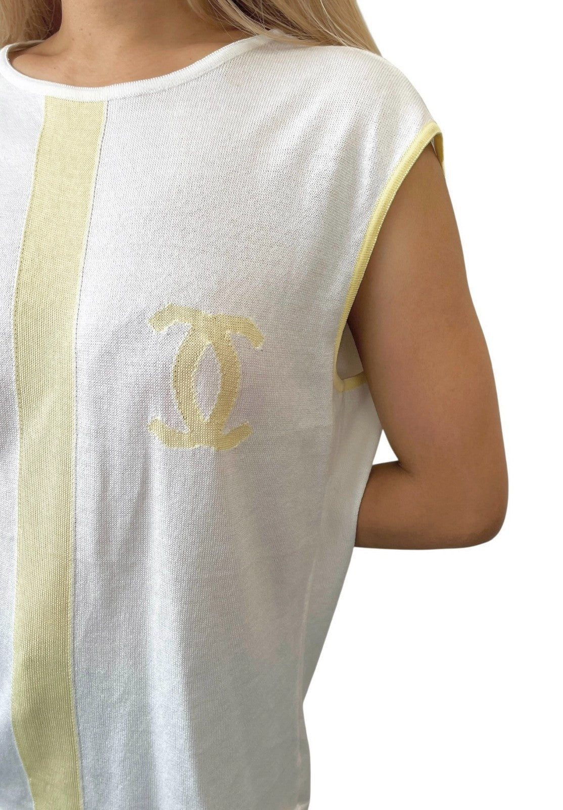 CHANEL Vintage 00S CC Logo Knit Tank Top #42 Sleeveless White Yellow Cotton
