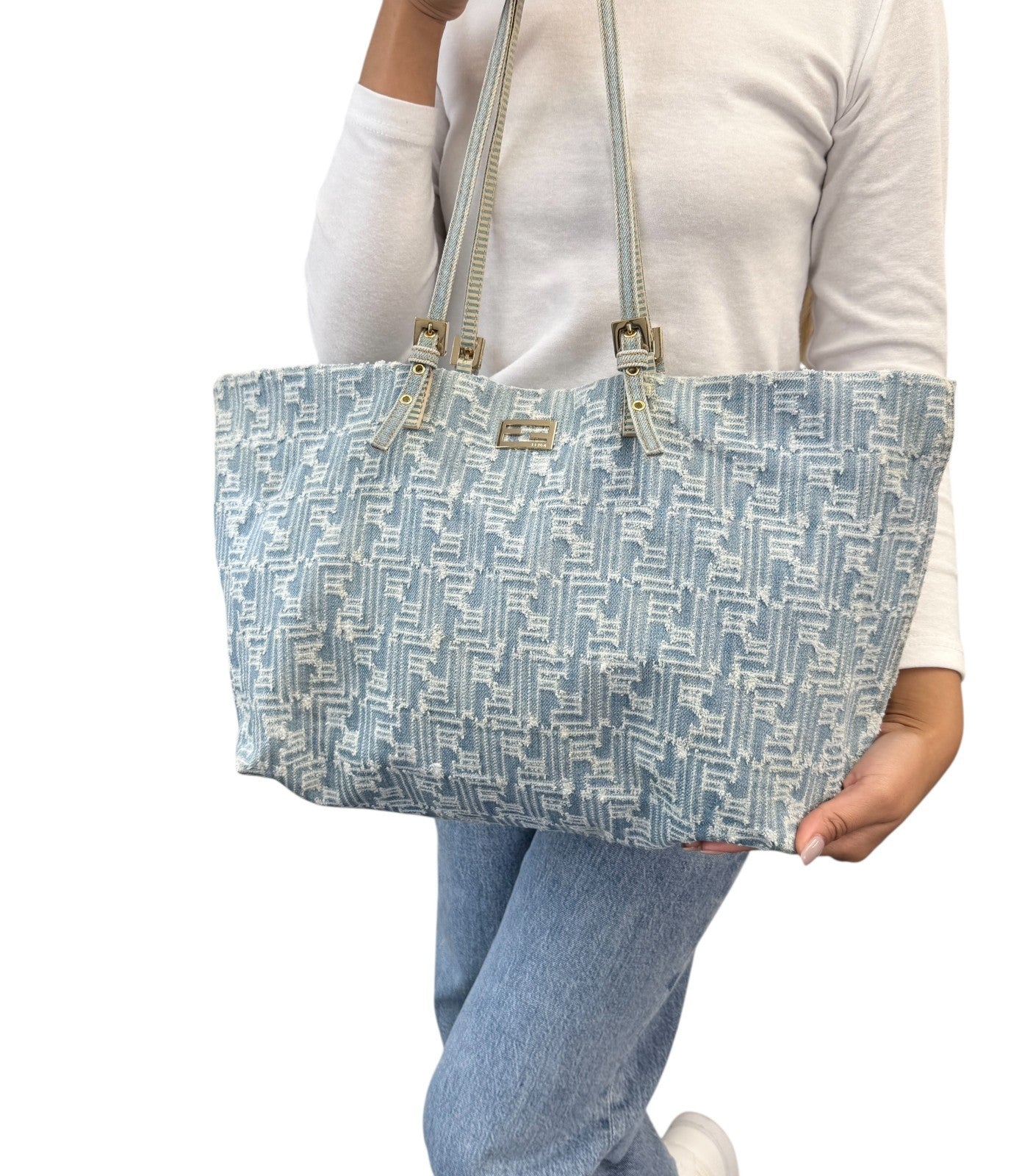 FENDI Vintage Zucca Monogram Denim Shoulder Tote Large Bag Blue FF Logo
