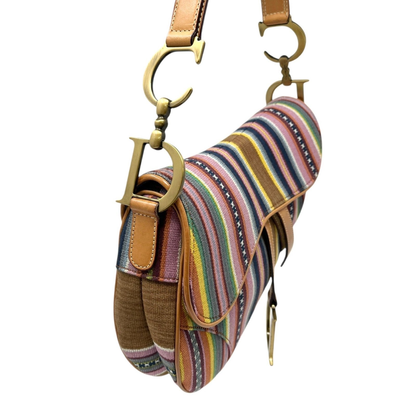 Christian Dior Vintage 2002 Logo Stripe Saddle Shoulder Bag Multicolor Camel