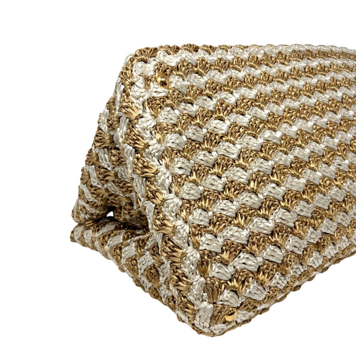 PRADA Vintage Triangle Logo Raffia Canapa Tote Bag Beige White Crochet