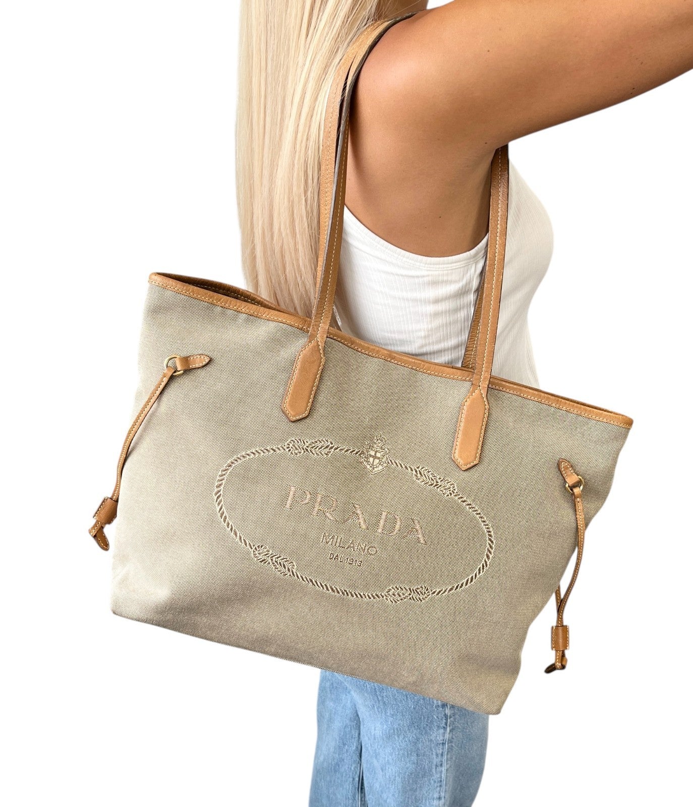 PRADA Vintage Logo Jacquard Shoulder Tote Bag Beige Brown Canvas Leather